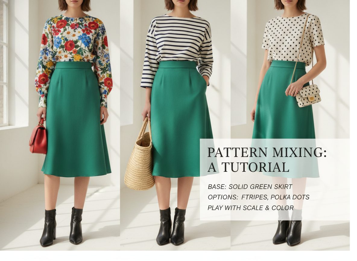 print mixing with green skirt