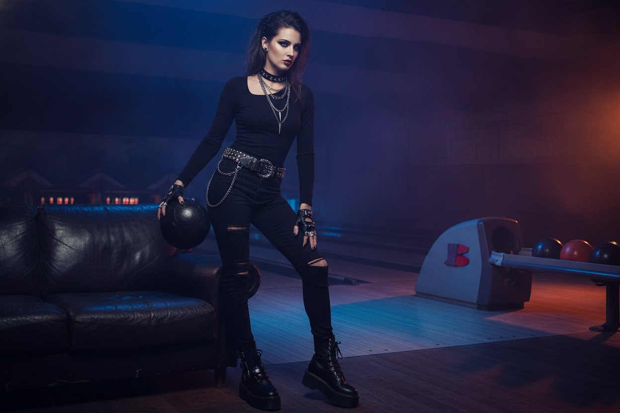 edgy black outfit with skinny jeans perfect for alternative bowling date style