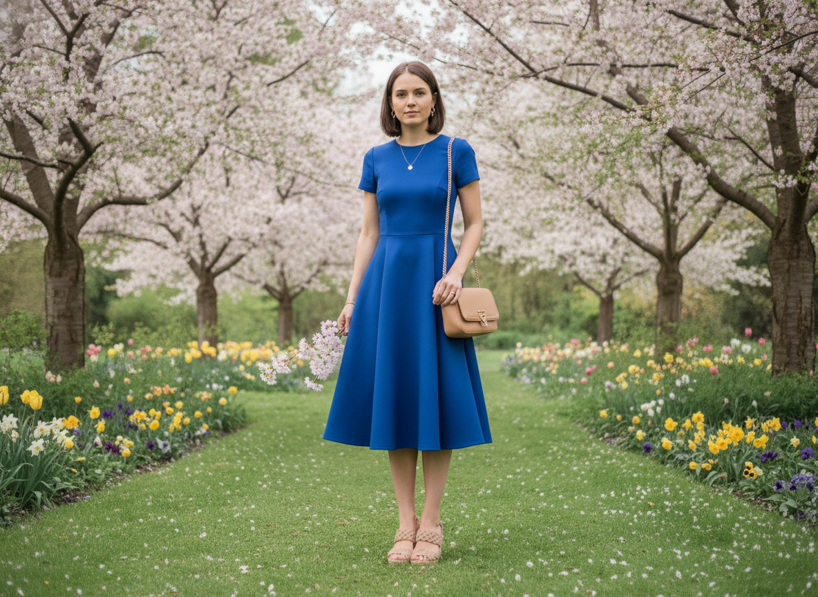 royal blue dress styled with beige warm accessories for spring