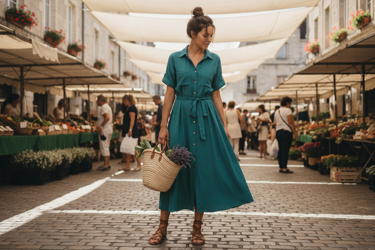 teal button-front midi dress with short sleeves for versatile summer wear