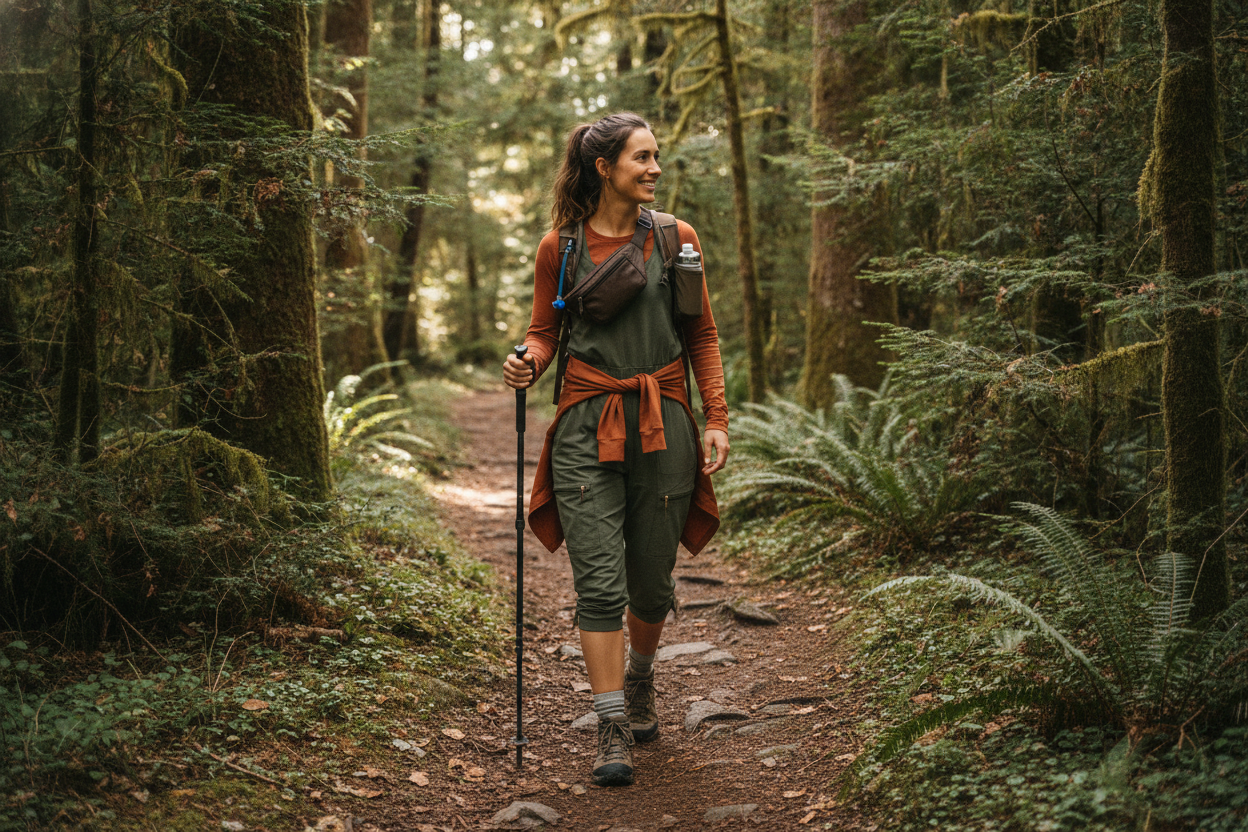 hiking romper outfit for summer trails