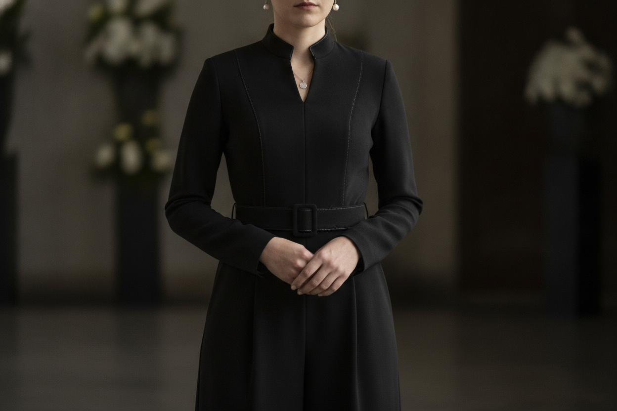 Black jumpsuit details showing refined funeral attire styling