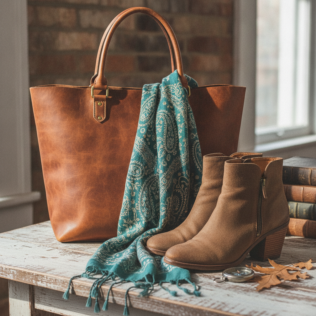 brown leather handbag and shoes with teal outfit accessories
