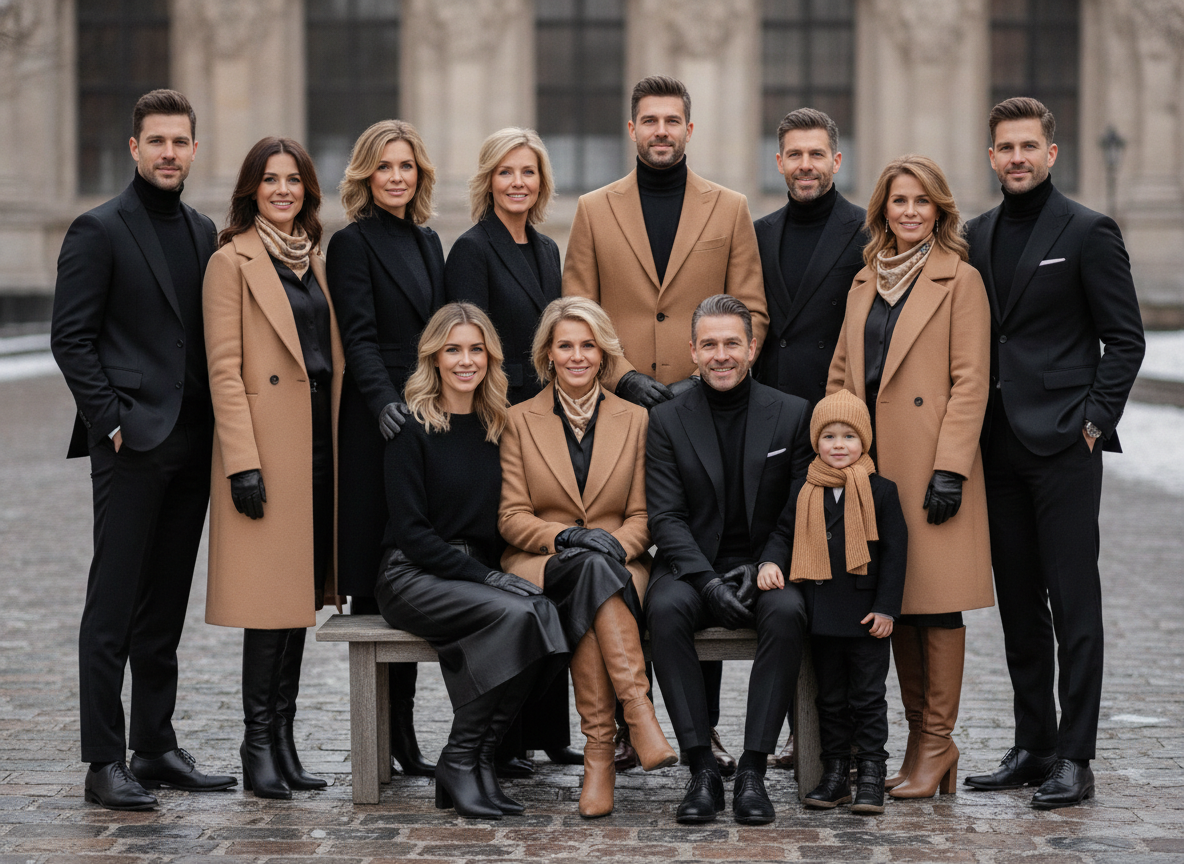 Family in black and camel winter outfit coordination