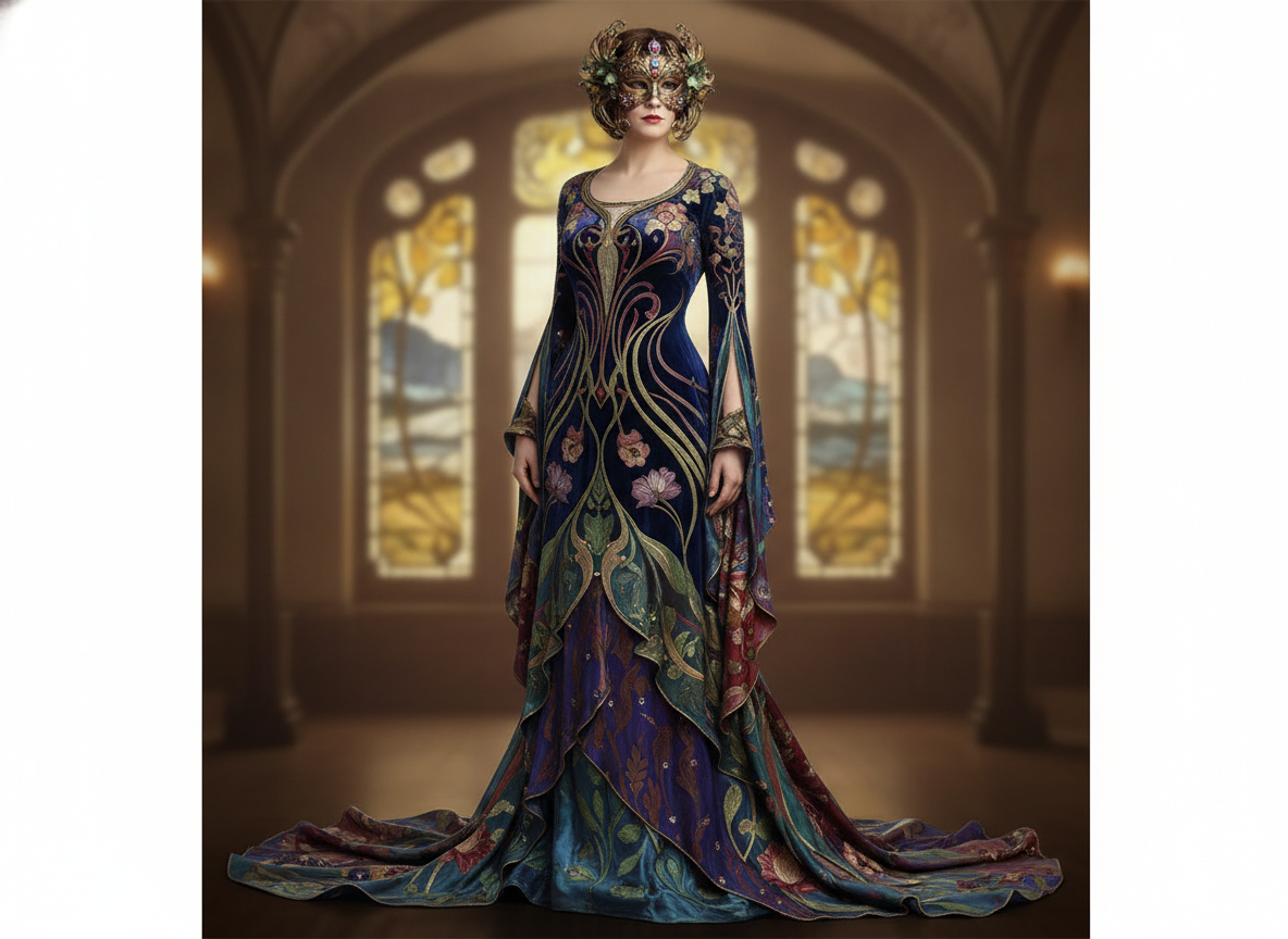 Art Nouveau inspired masquerade gown with flowing organic lines