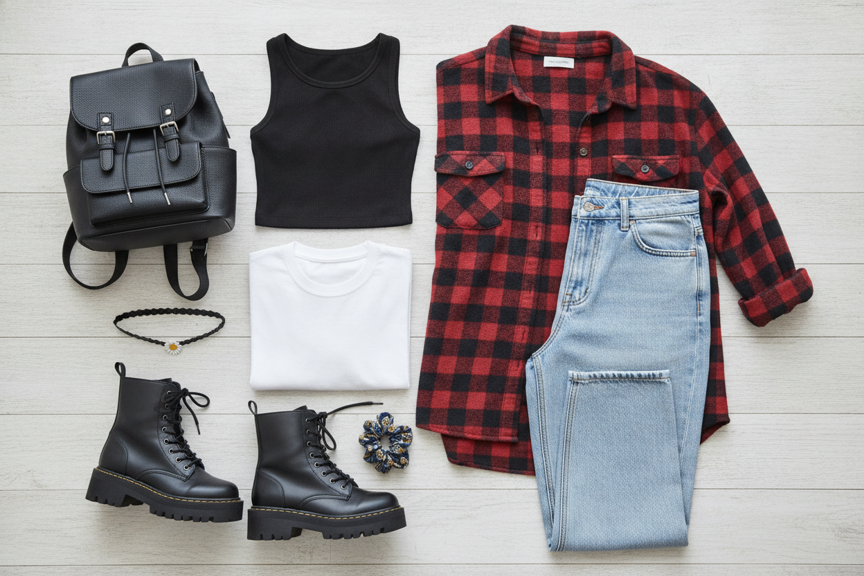 Essential versatile 90s wardrobe pieces laid out