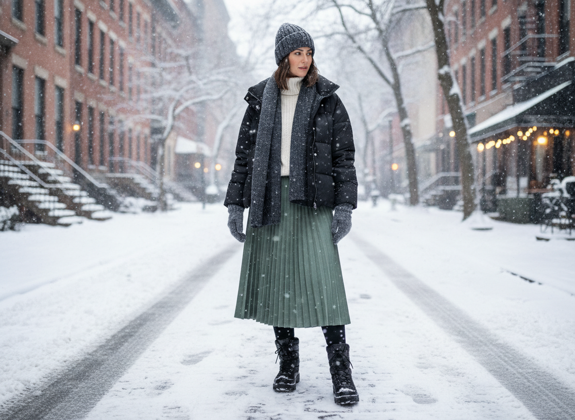 green skirt with puffer jacket and winter boots