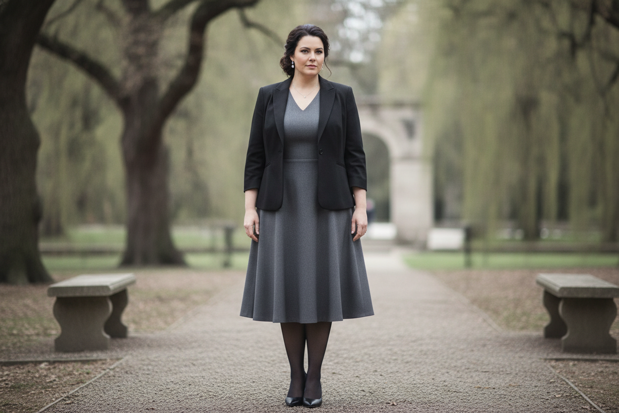 Plus-size woman wearing flattering funeral attire