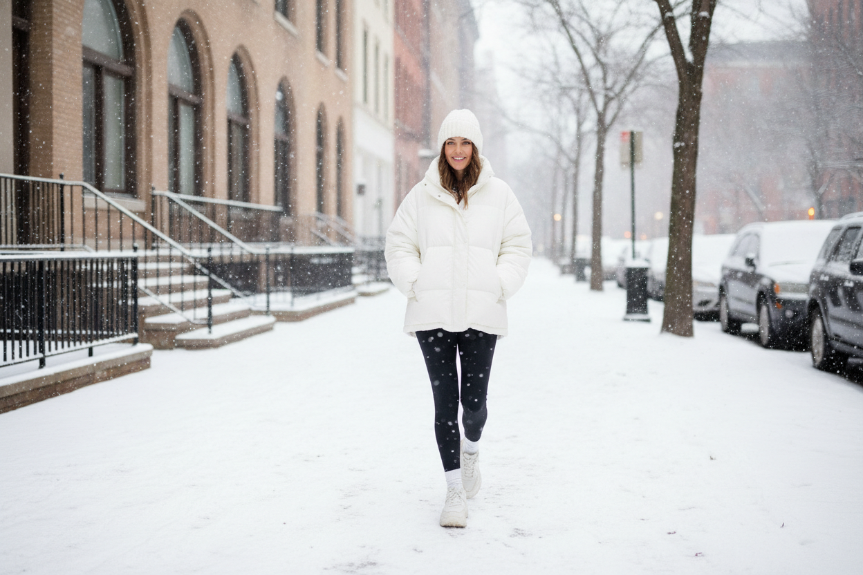 White puffer jacket with black leggings and white sneakers for casual winter wonderland outfit