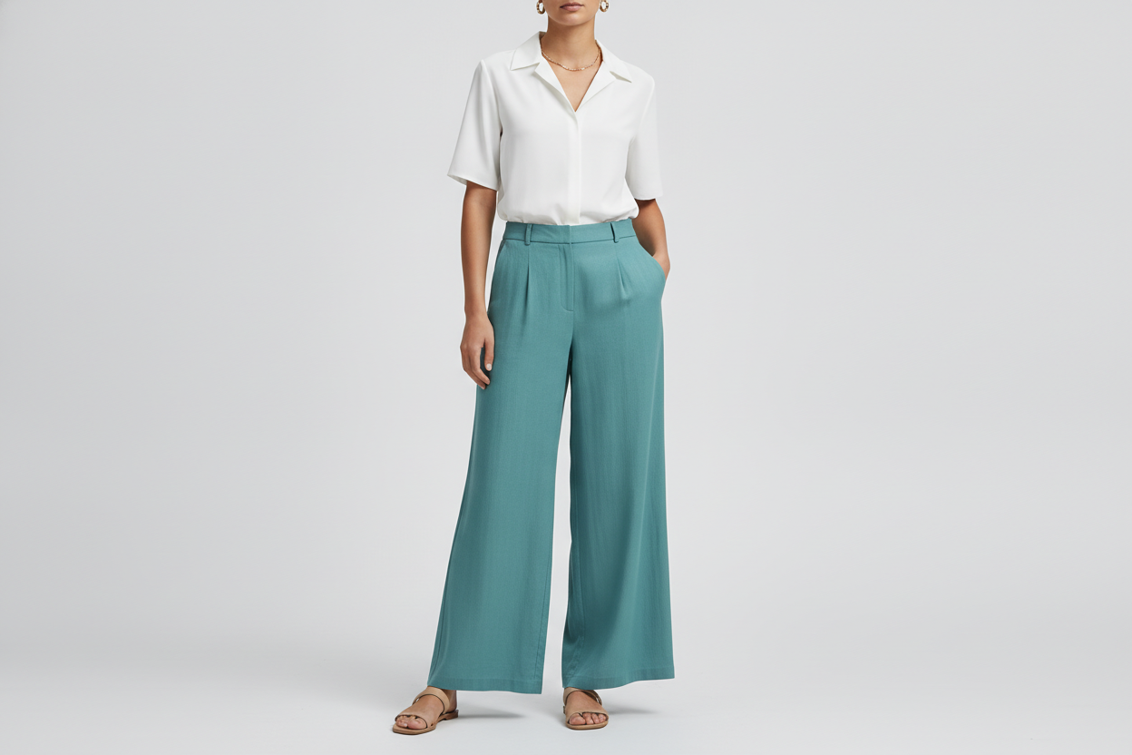 teal wide-leg flowy pants paired with white short sleeve top