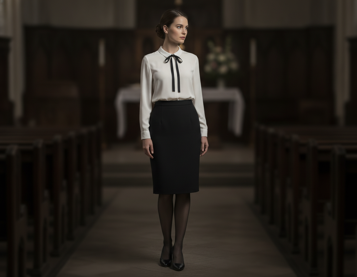 Black and white funeral outfit showing classic styling