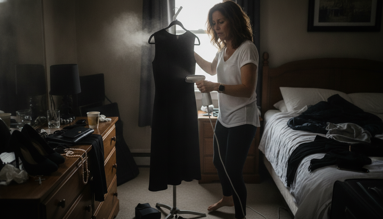 Woman preparing funeral outfit quickly showing last-minute preparation