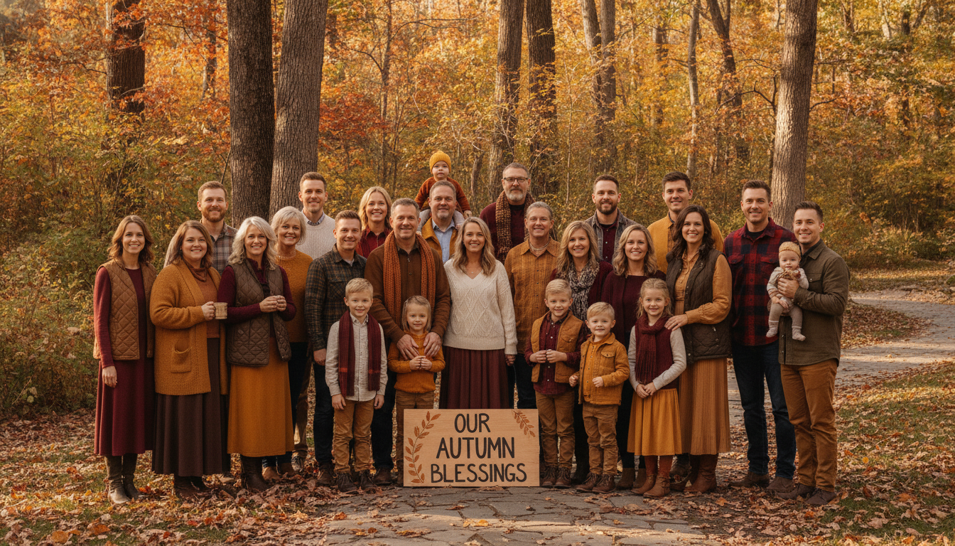 Extended family in warm fall colors outdoors with autumn foliage