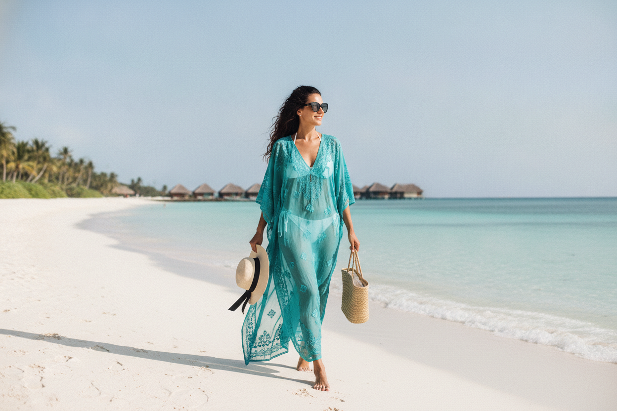 teal sheer swim cover-up over white bikini for beach resort wear