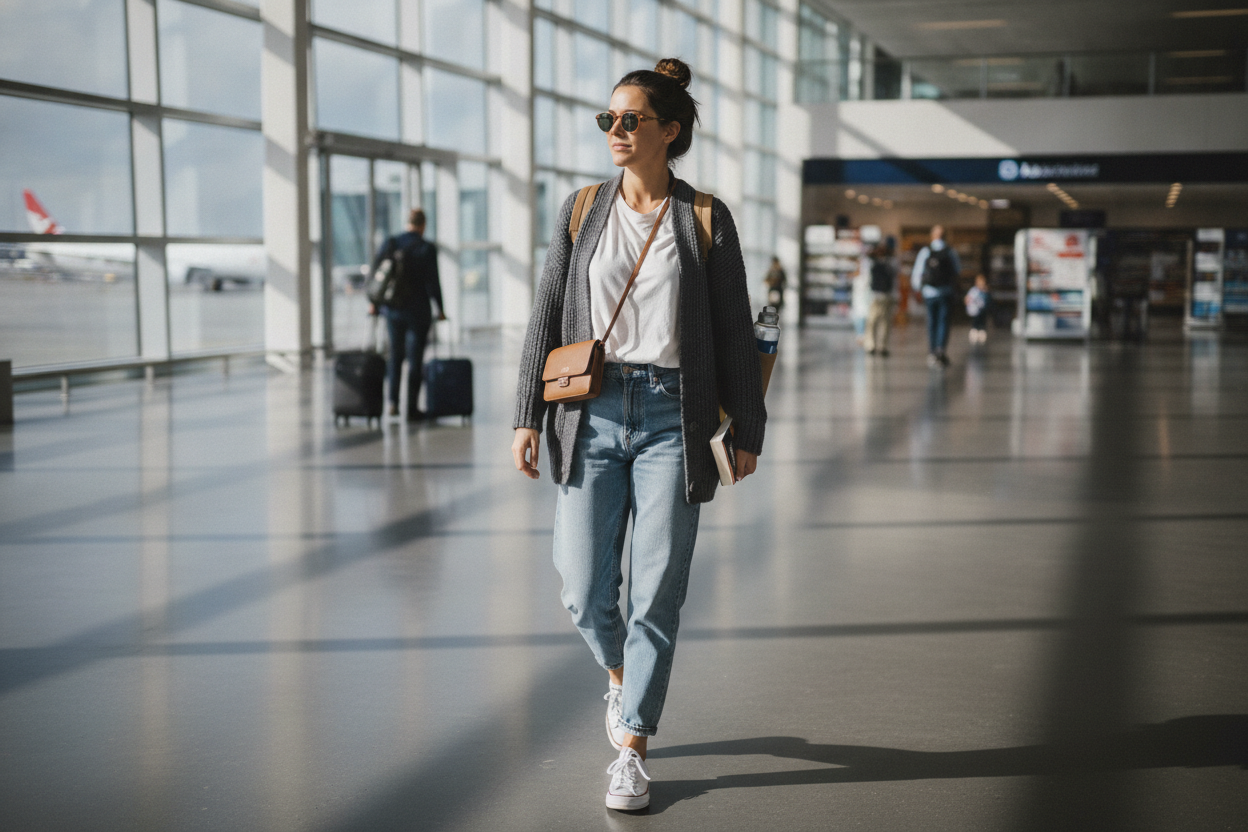 boyfriend jeans and tee shirt casual airport outfit