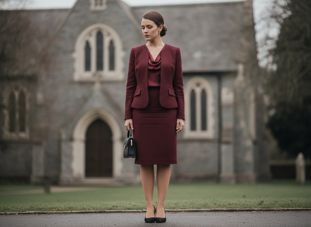 Woman wearing burgundy skirt suit for funeral visitation