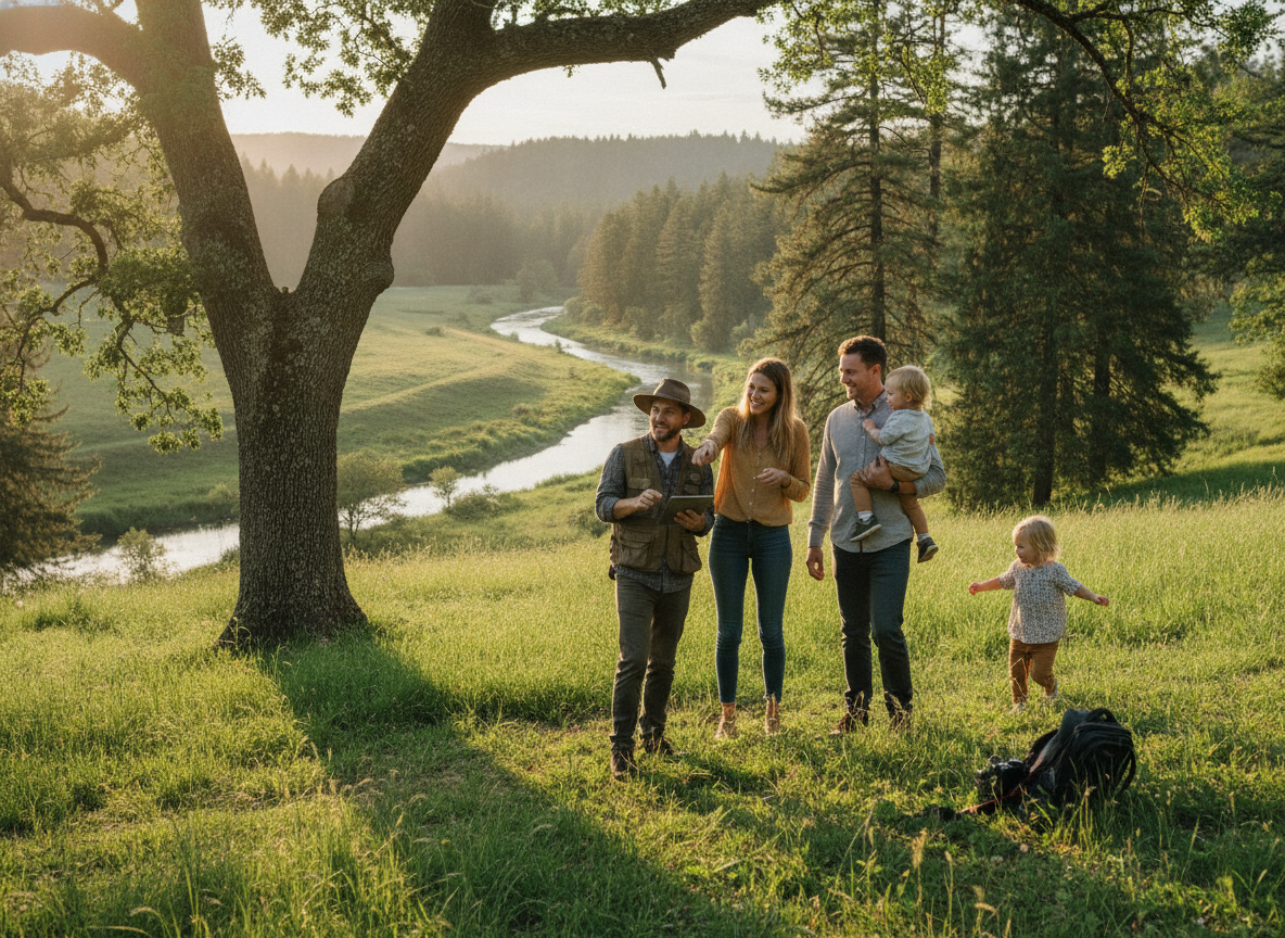 Photographer and family reviewing potential photo locations