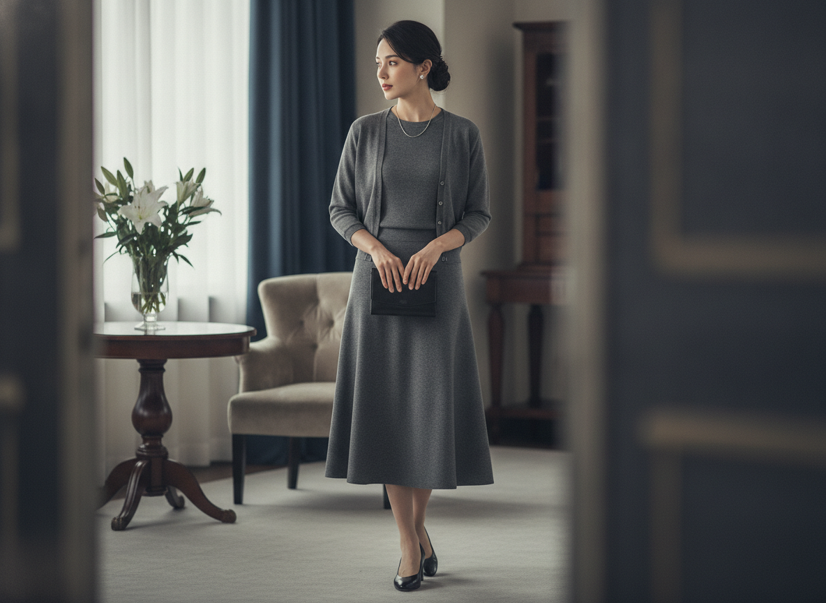 Woman wearing charcoal gray cardigan with midi skirt for funeral