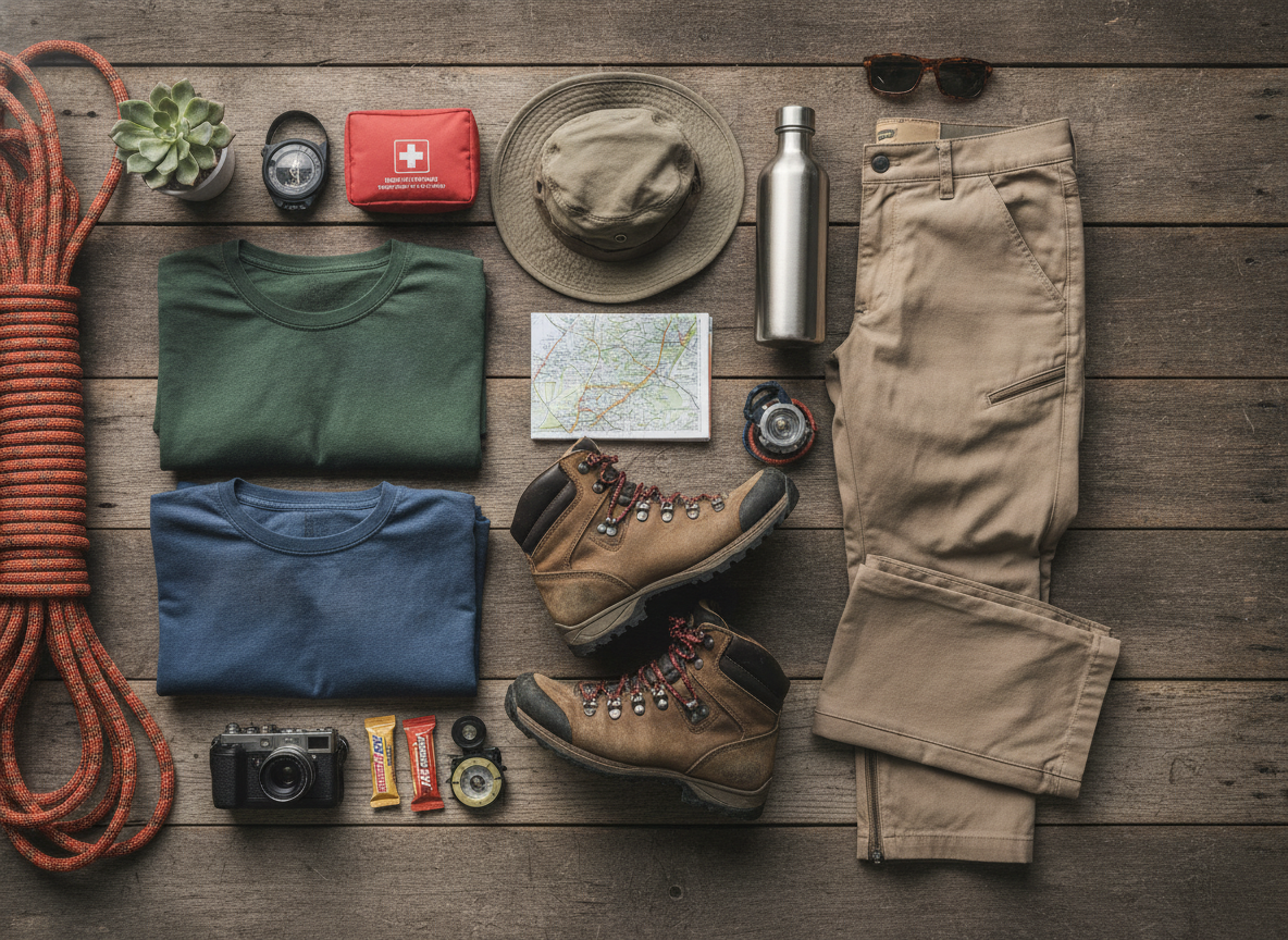 hiking clothes essentials laid out including boots, pants, and layers