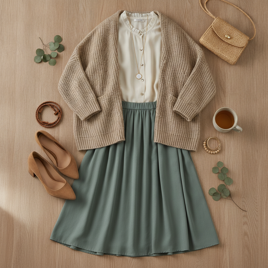 green skirt with beige and tan accessories