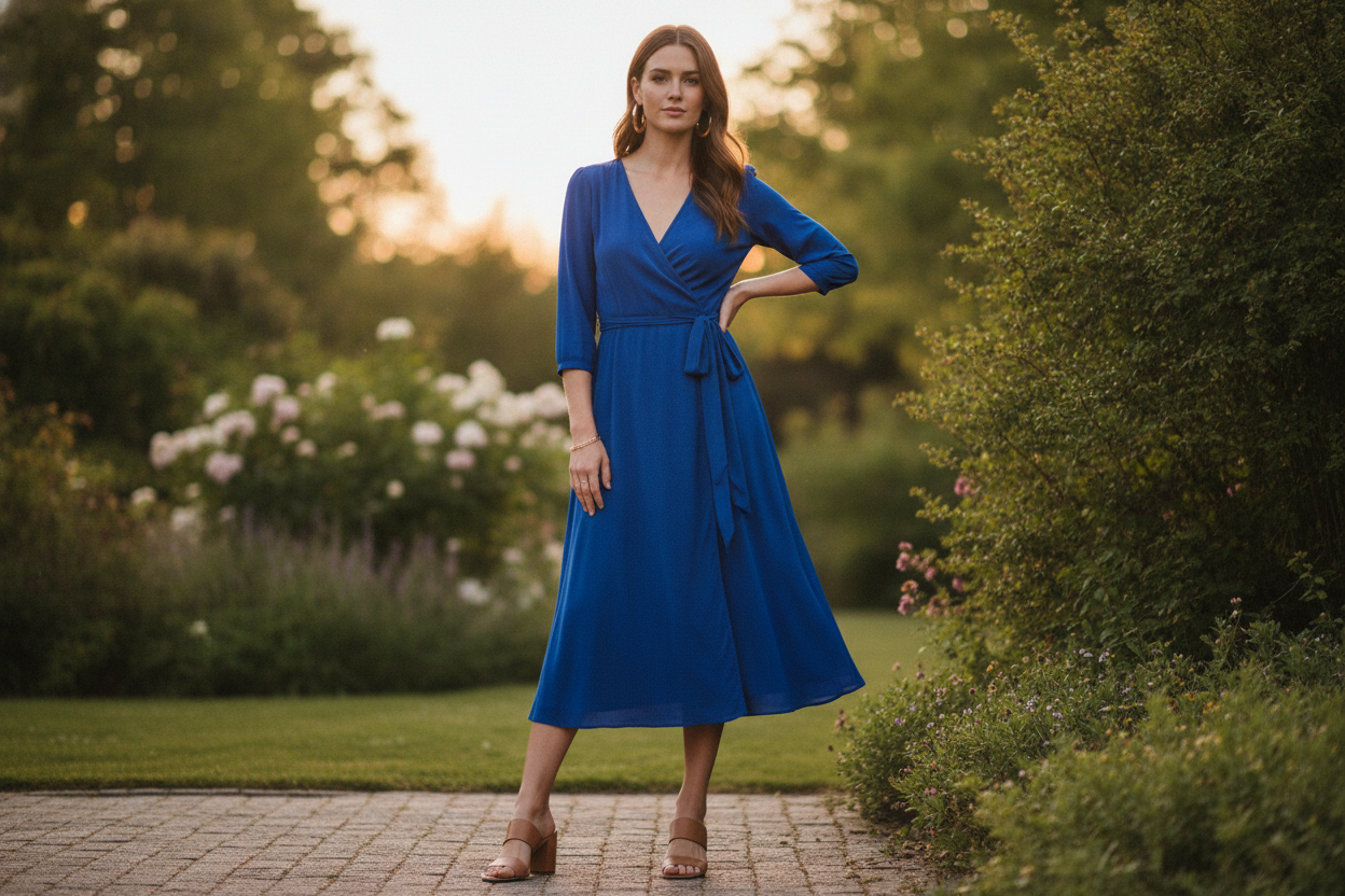 royal blue wrap dress spring outfit