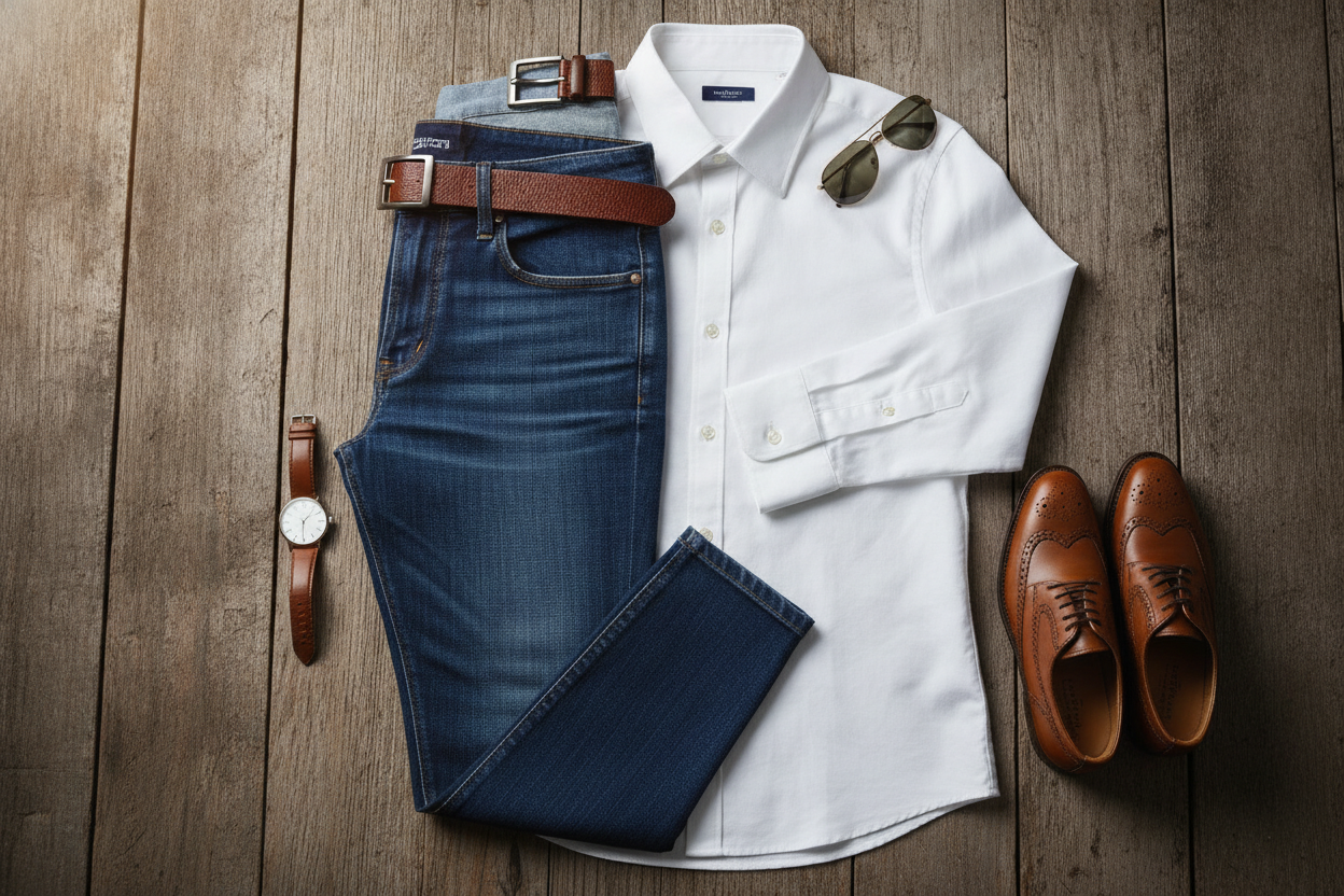 Dark wash jeans with white button shirt comedy club outfit