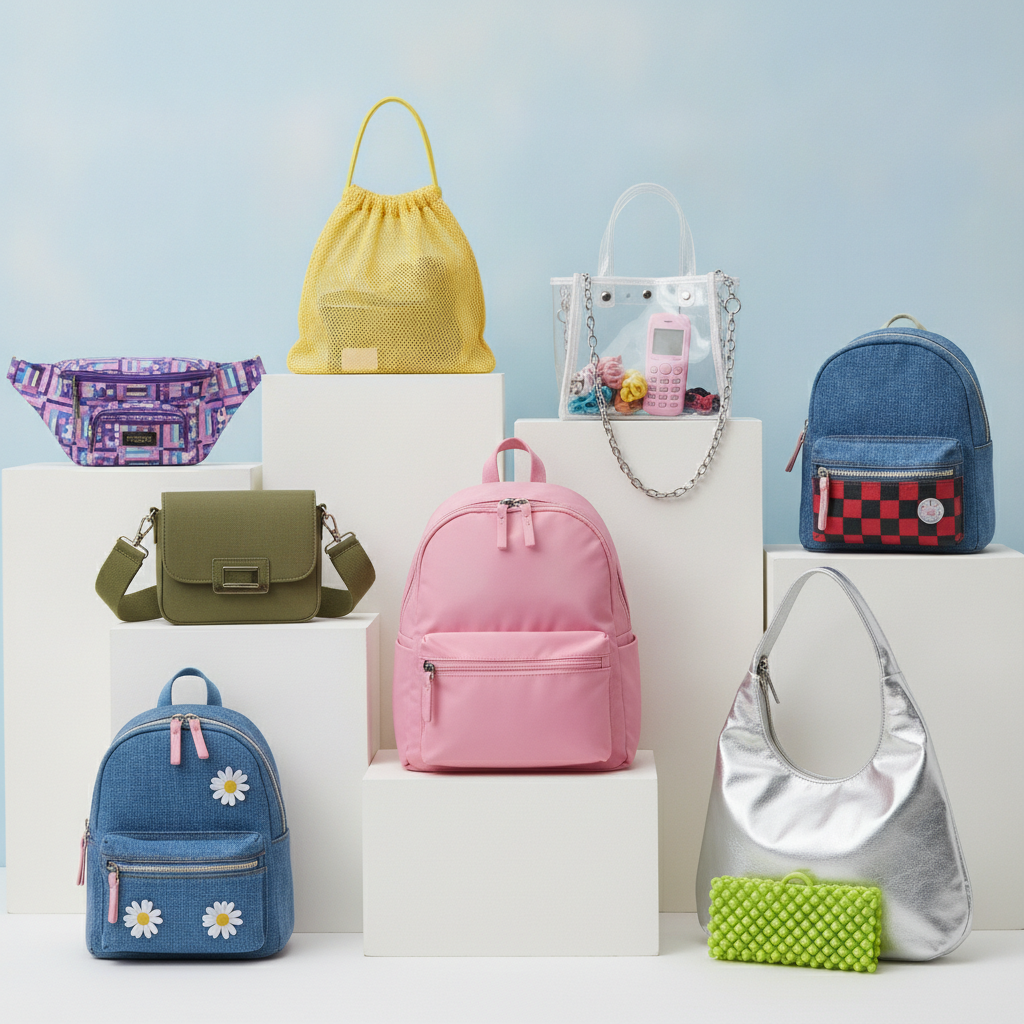 90s bag collection including mini backpack and shoulder bag