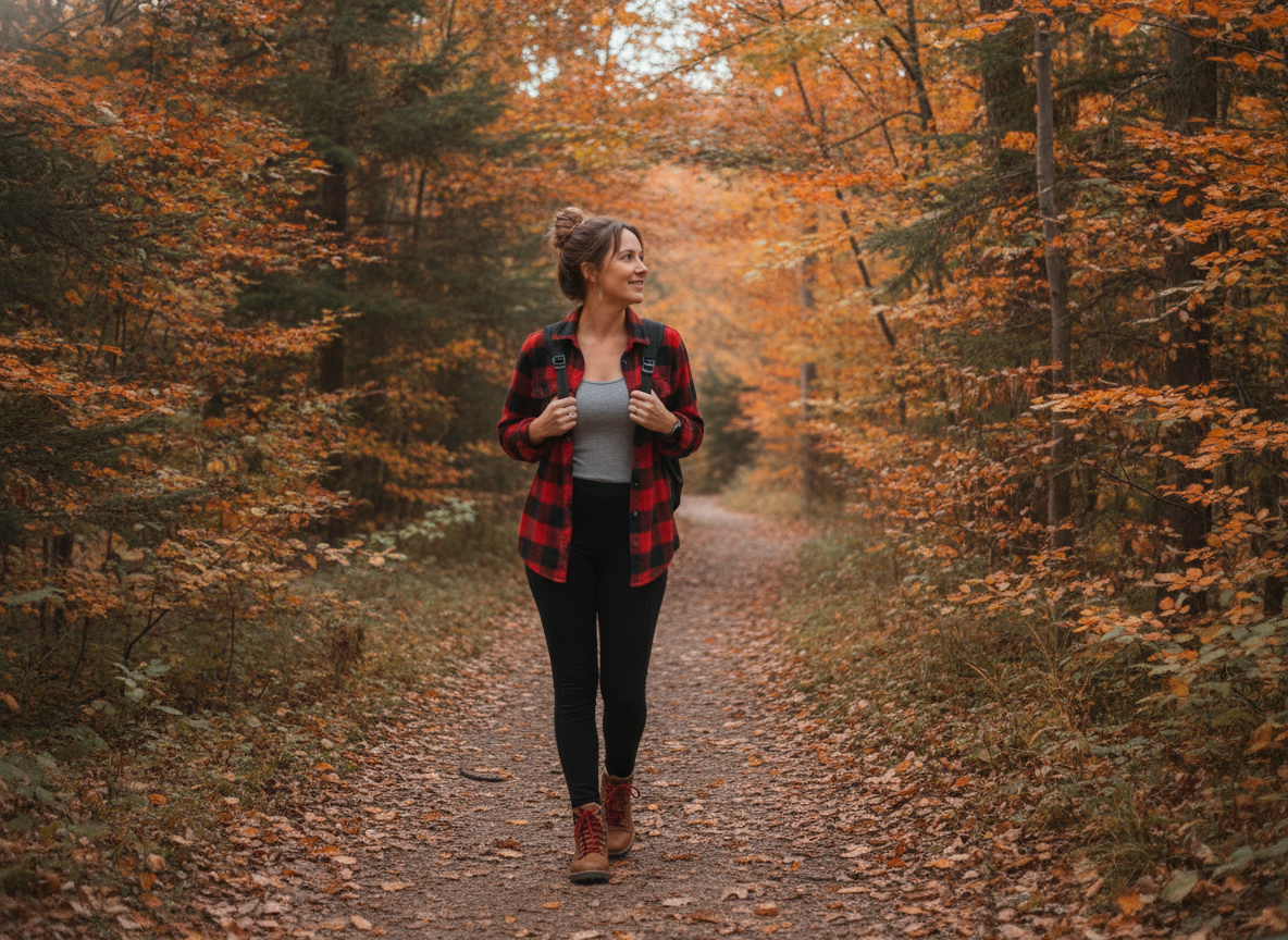 flannel shirt and leggings hiking outfit