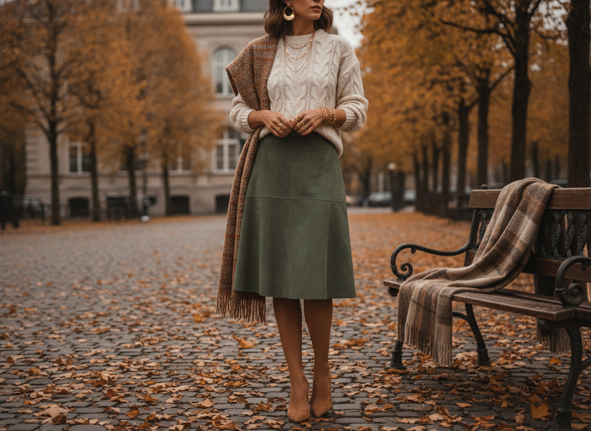 green suede skirt with knit top and suede pumps