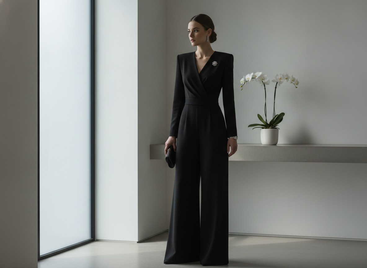 Woman wearing elegant black jumpsuit for funeral visitation
