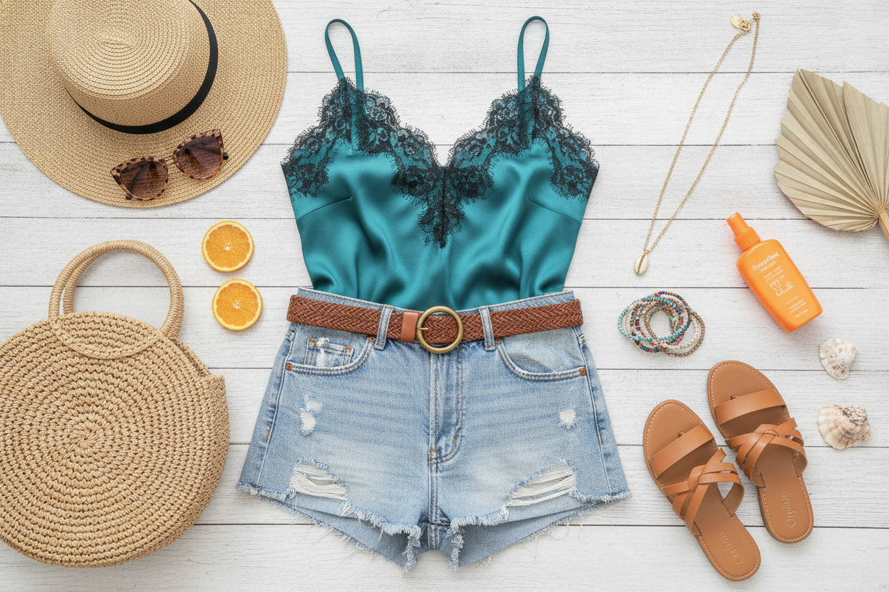 teal satin camisole tucked into denim shorts for casual summer outfit
