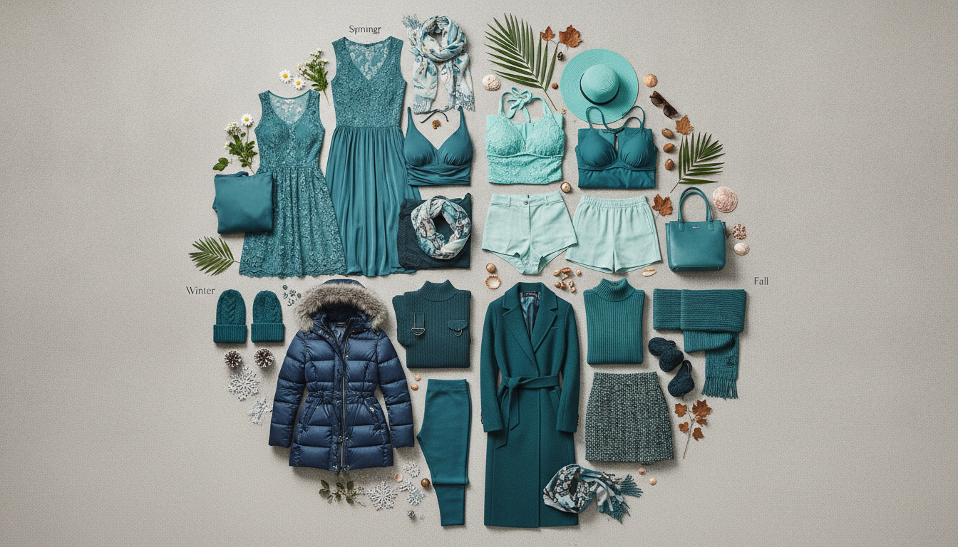 collection of teal clothing items representing all four seasons