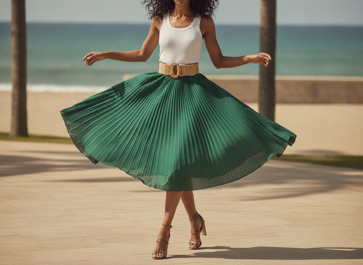 athletic woman in green pleated skirt
