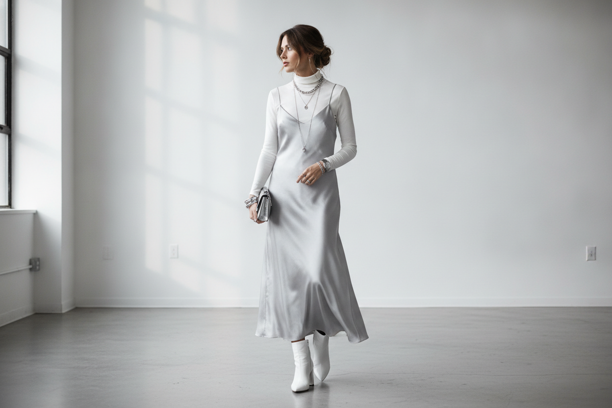 Silver satin slip dress layered over white turtleneck for winter wonderland party style