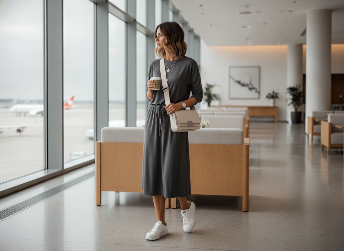 jogger dress and sneakers modern travel outfit