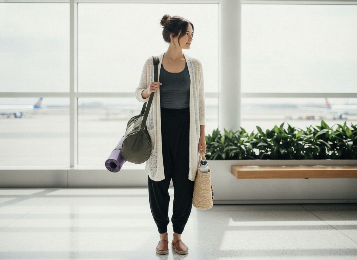 wrap pants and fitted top yoga-inspired travel outfit