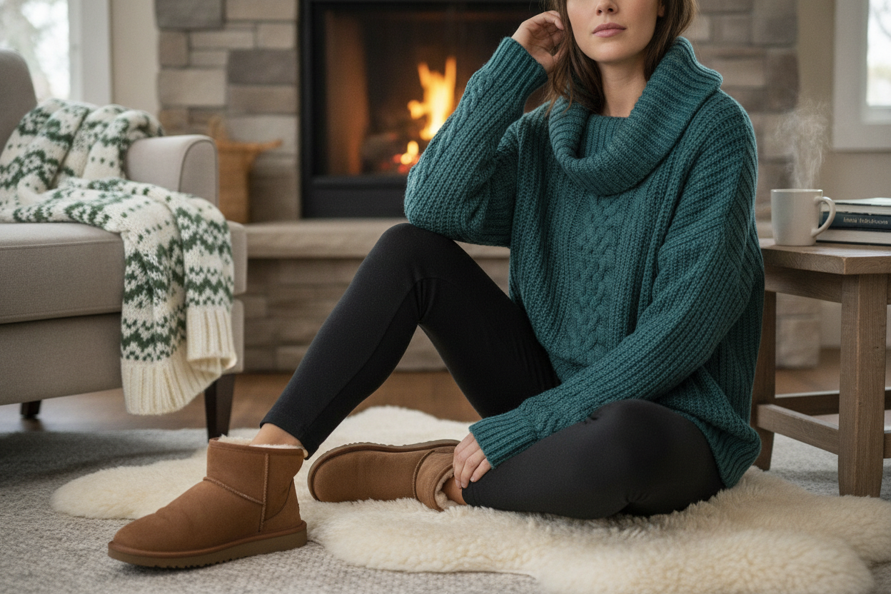 oversized teal chunky knit sweater paired with black leggings for cozy winter outfit