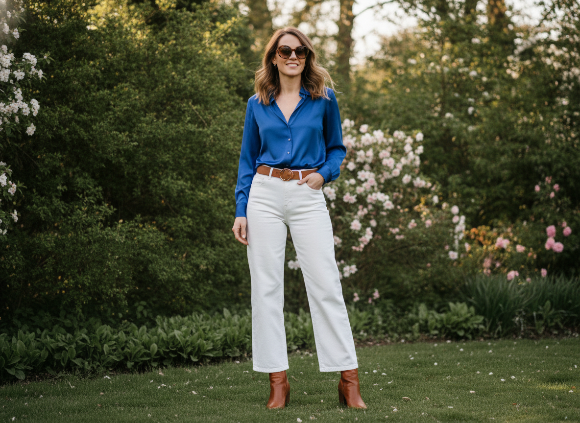 royal blue blouse paired with white jeans for casual spring look
