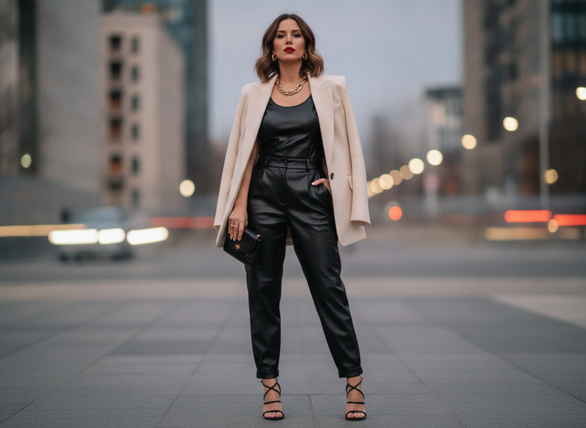 Oversized blazer with leather pants outfit
