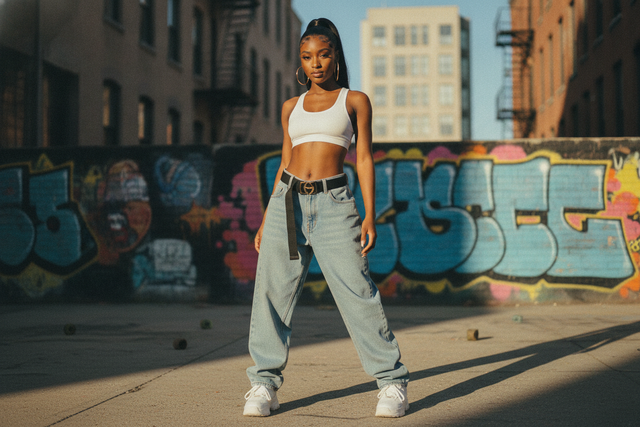 Baggy jeans 90s hip-hop party outfit with crop top