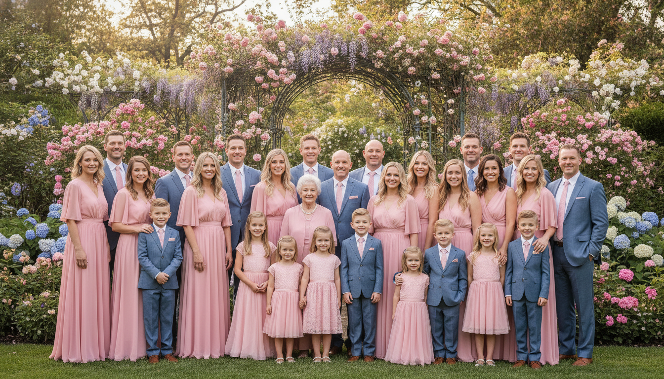 Extended family in rose and dusty blue coordinated spring outfits