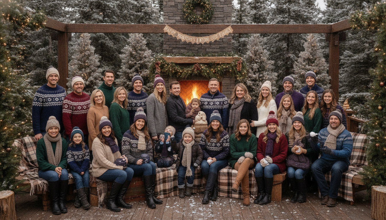 Extended family in coordinated winter outfits with holiday theme