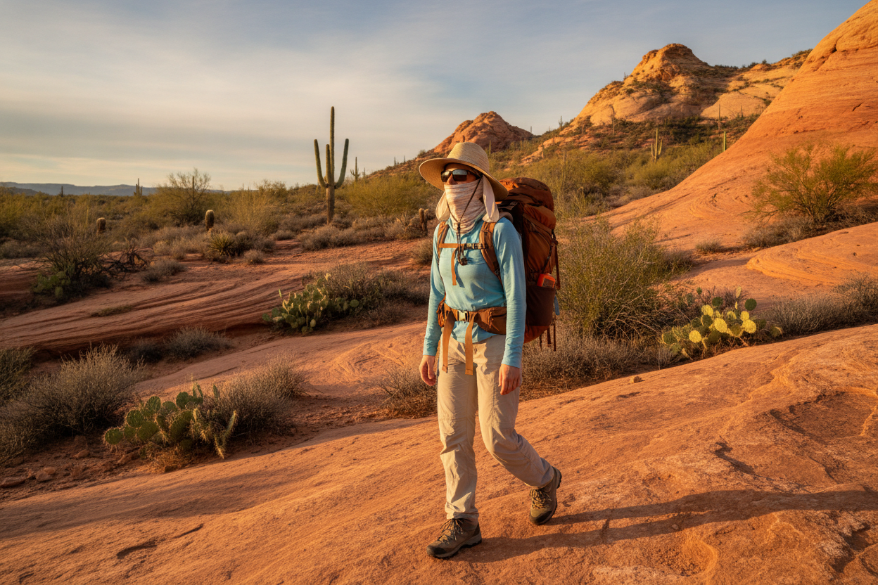 desert hiking outfit with sun protection