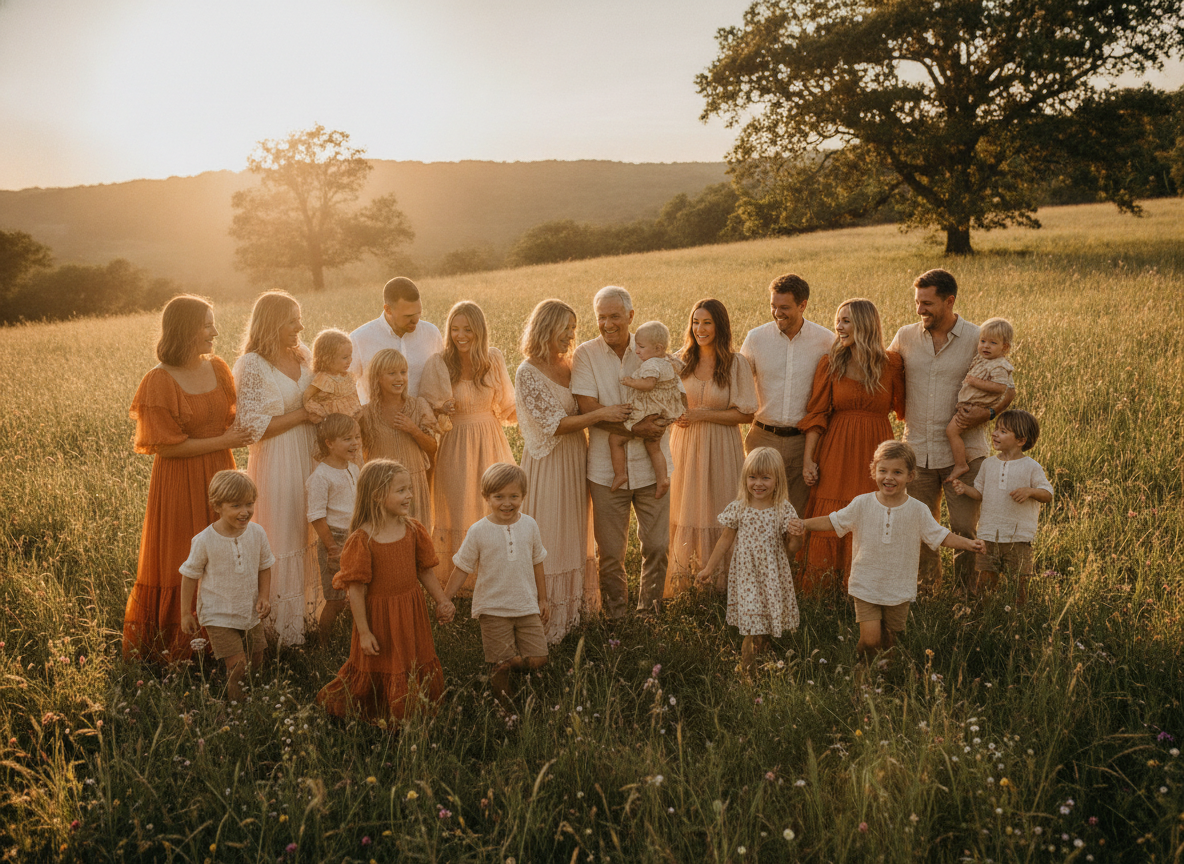 Family in sunset orange and cream summer outfits