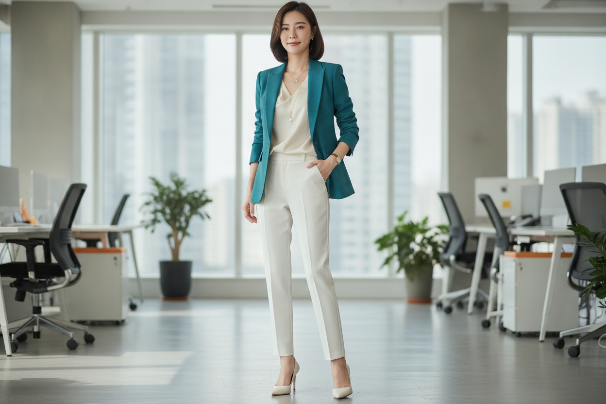 teal structured blazer styled with crisp white trousers for spring professional wear