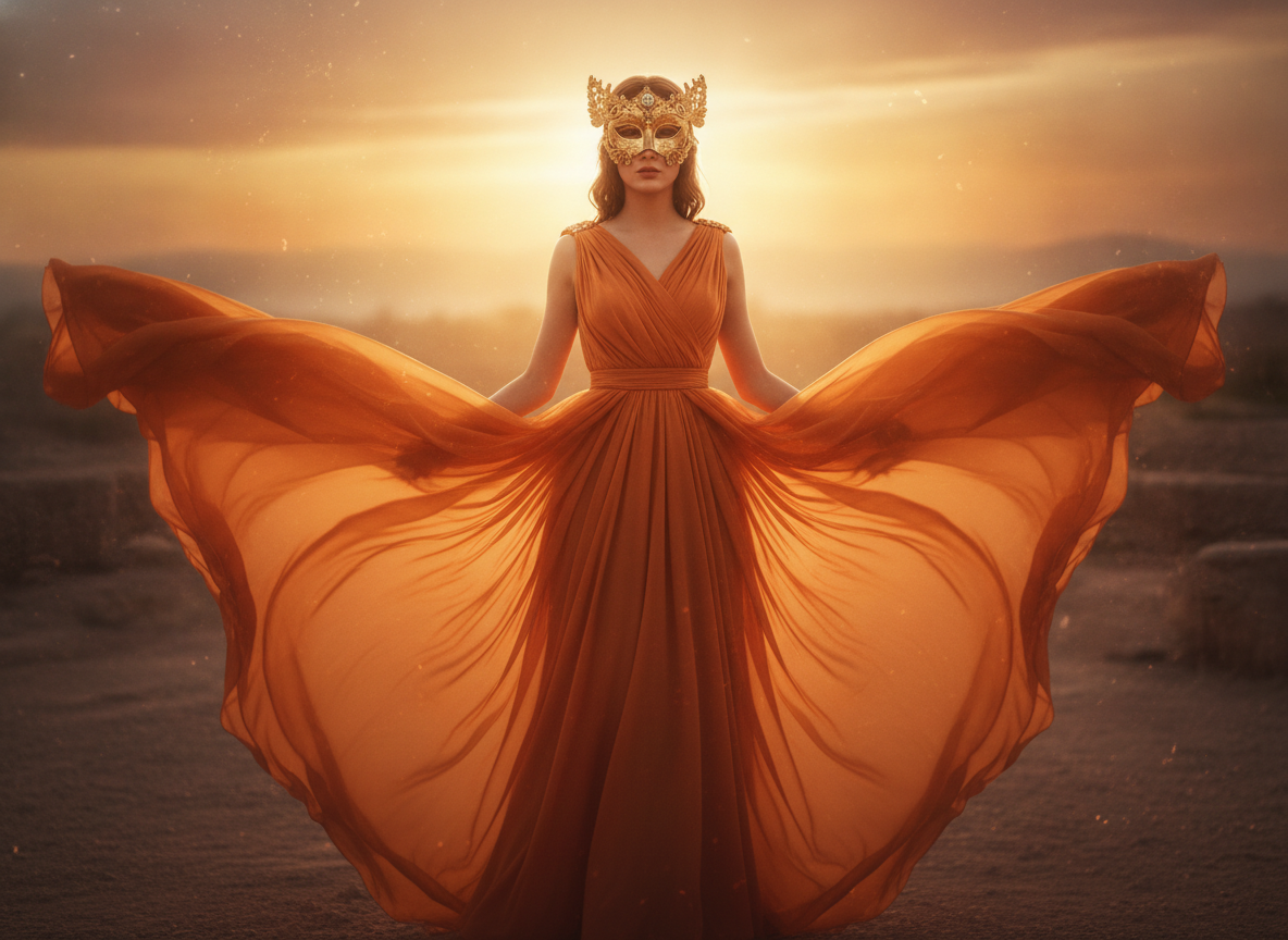 Sunset orange masquerade gown with flowing design