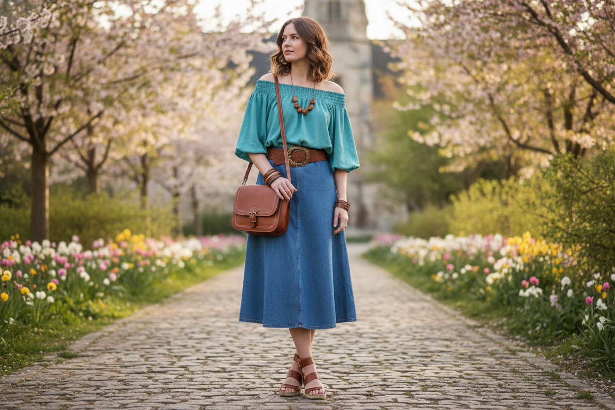 teal off-shoulder short sleeve top paired with denim midi skirt
