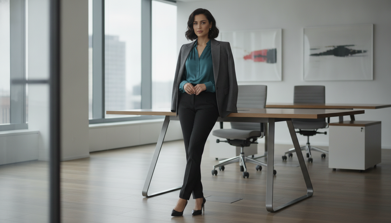 professional teal office outfit with blazer and trousers