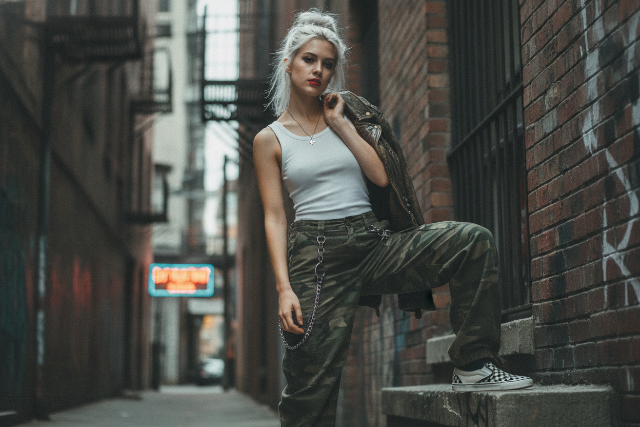 Gwen Stefani 90s outfit with tank top and cargo pants