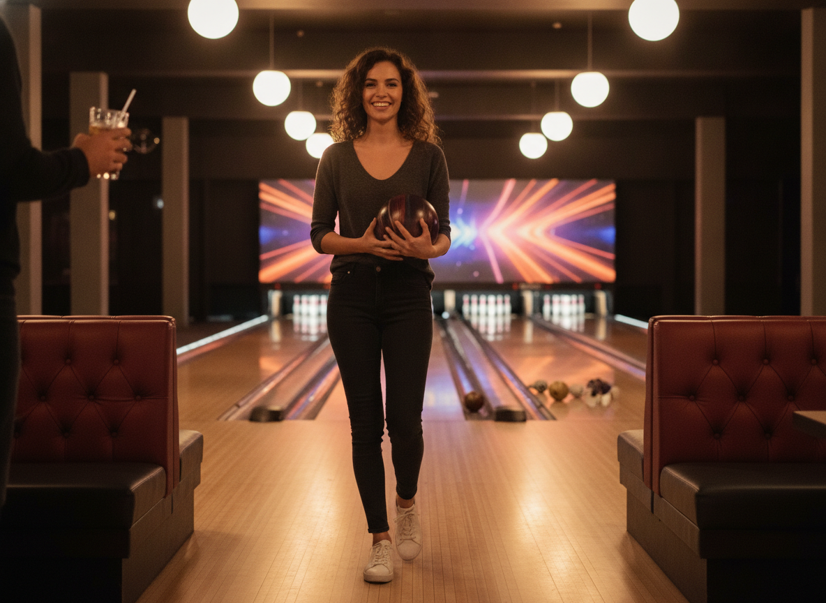 woman wearing skinny jeans and fitted top perfect for bowling date outfit ideas